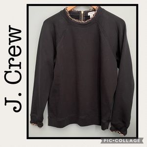 J. Crew Black Sweater With Animal Print Collar and Cuff Accent Size XL